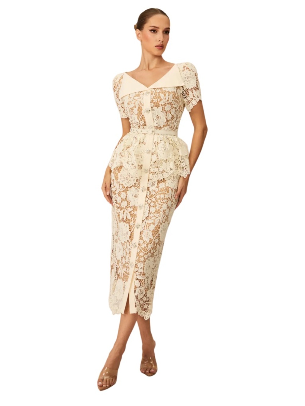 sunfere Larina Floral Lace V-neck Midi Dress (no belt included) Size Large NWT